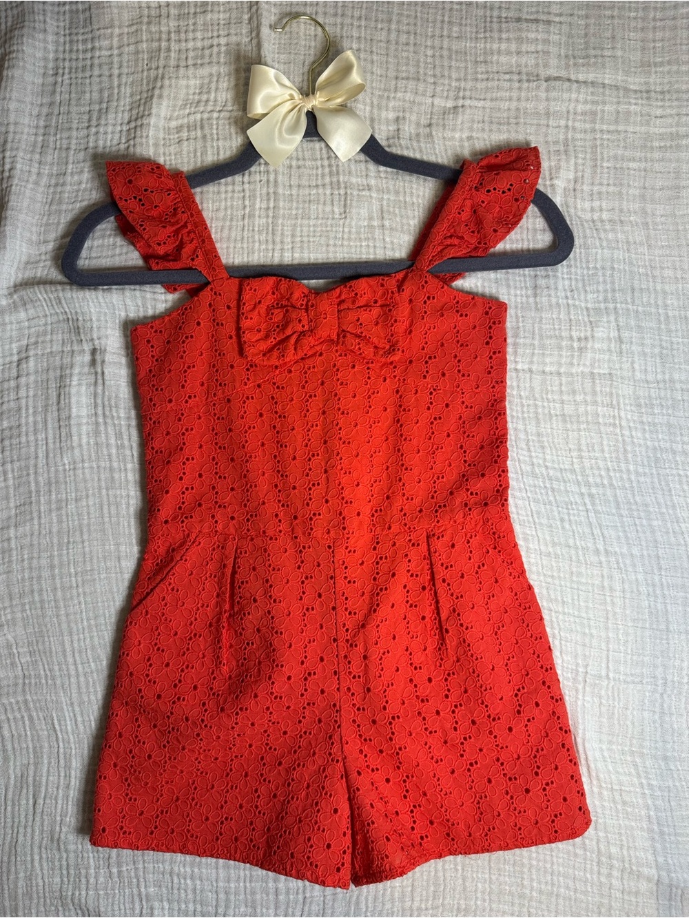 Janie and Jack Girls Red Eyelet Romper with Bow NWT